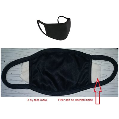 Black Reusable and Washable face mask with 3 Layers and pocket filter -